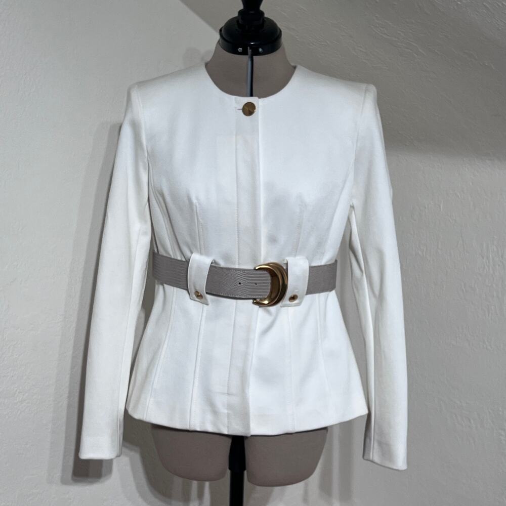 Donna Karan New York White Belted Jacket Size 8 Gold Hardware Quiet Luxury